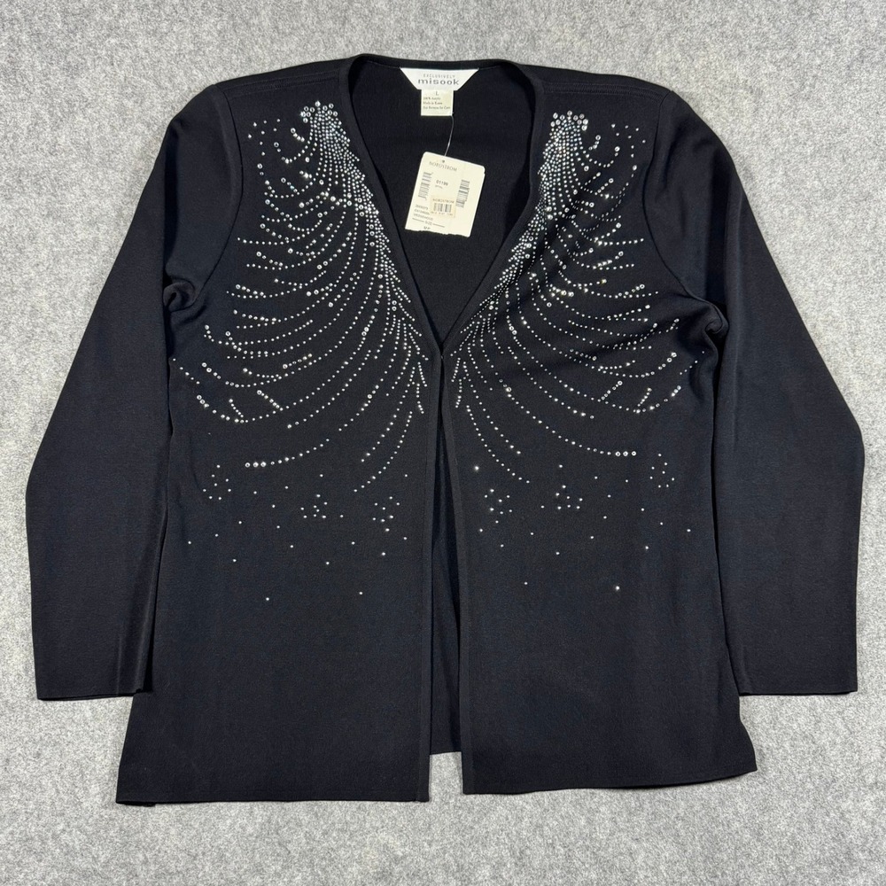 Misook Jacket Women L Black Rhinestone Embellished Open Front Knit Shoulder Pads